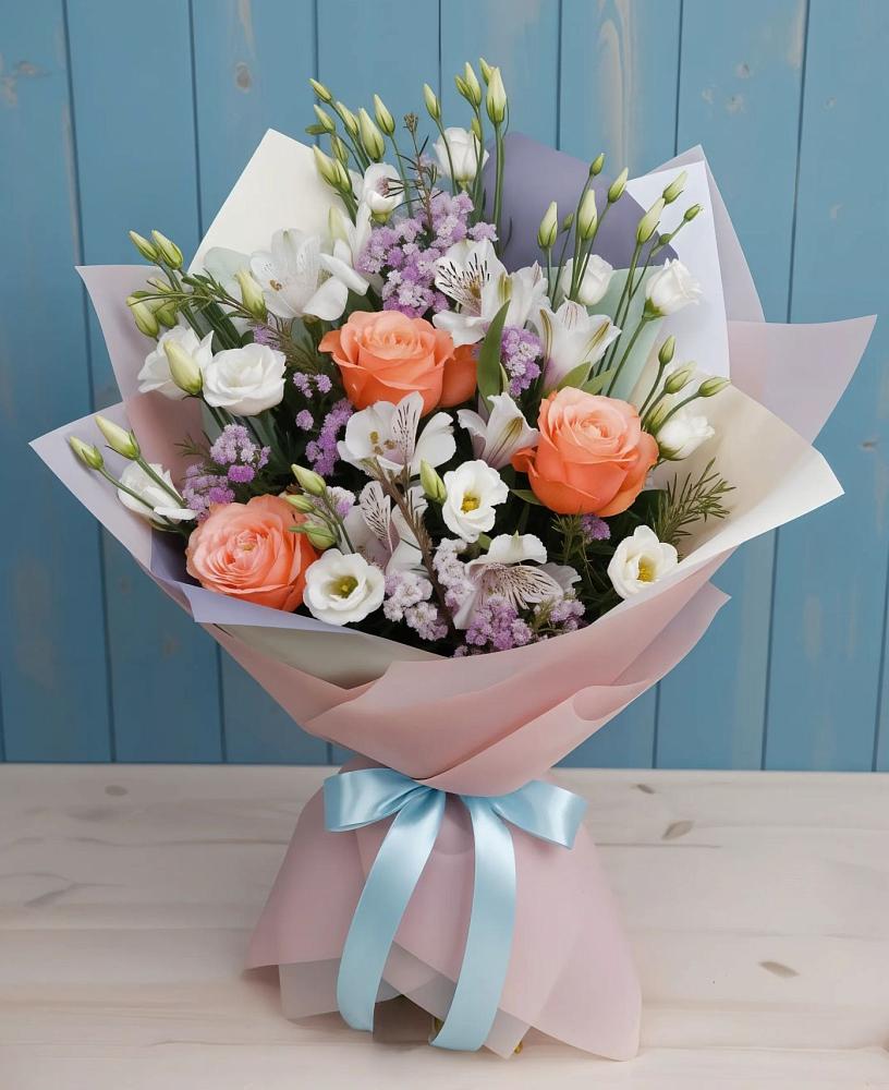 Букет цветов из: Лизиантусы, Розы, Альстромерии и Гипсофила в Лисках