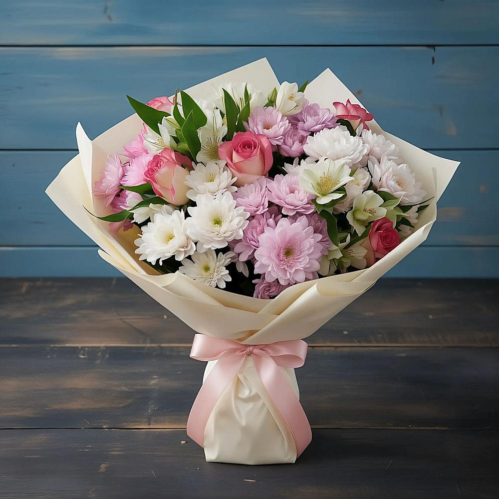 Букет цветов из: Хризантемы, Альстромерии и Розы в Лисках